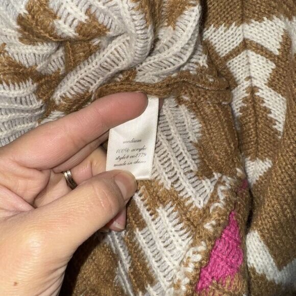 Woman’s Aztec Print Knit Sweater Short Sleeve Poncho Shawl Brown Pink White Sz M - Picture 5 of 9